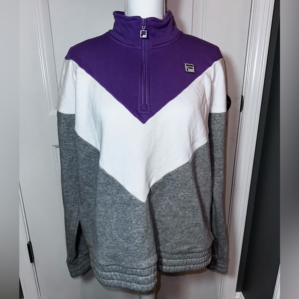 FILA Colorblock Quarter Zip Pullover Purple Gray White